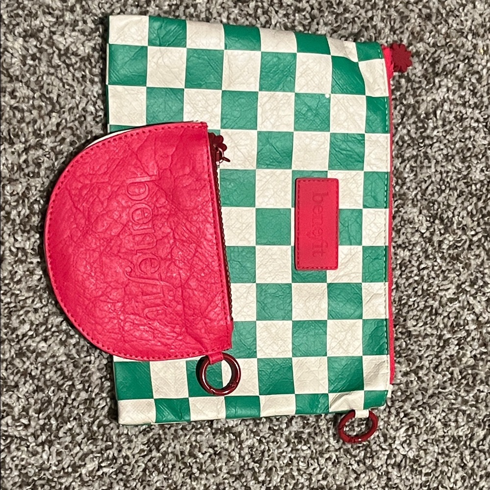 Benefit Green and White Checkered Pouch with Red Detail